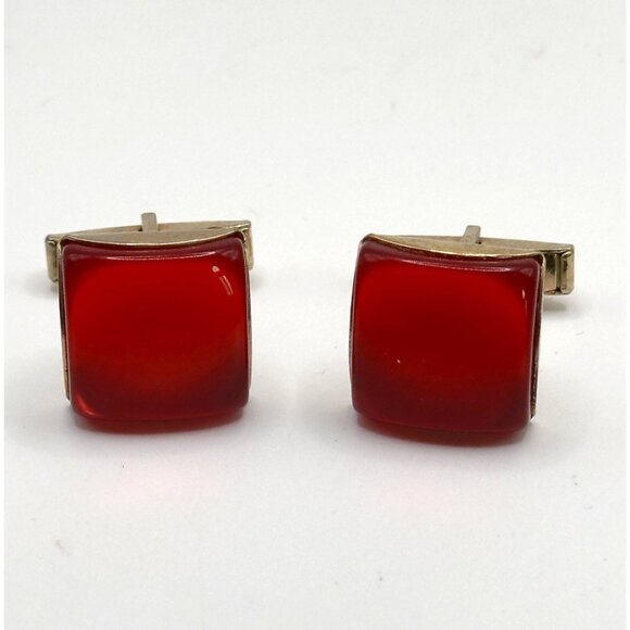 VIBRANT RED CUFFLINKS Vintage Square THERMOSET Plastic MEN'S Goldtone Cuff Links - Picture 1 of 2